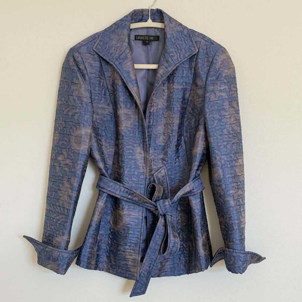 Lafayette 148 New York Blue Textured Belted Blazer Jacket Size 4